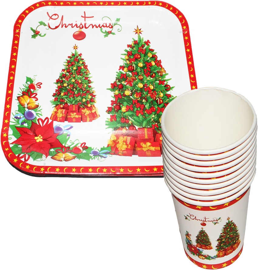 10pcs Christmas Themed Disposable Party Dinnerware Set, Including Paper Cups,  Ideal For Christmas Party Decoration