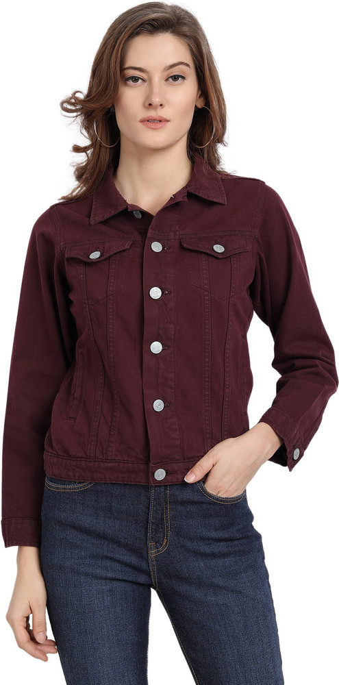 Burgundy denim jacket womens sales