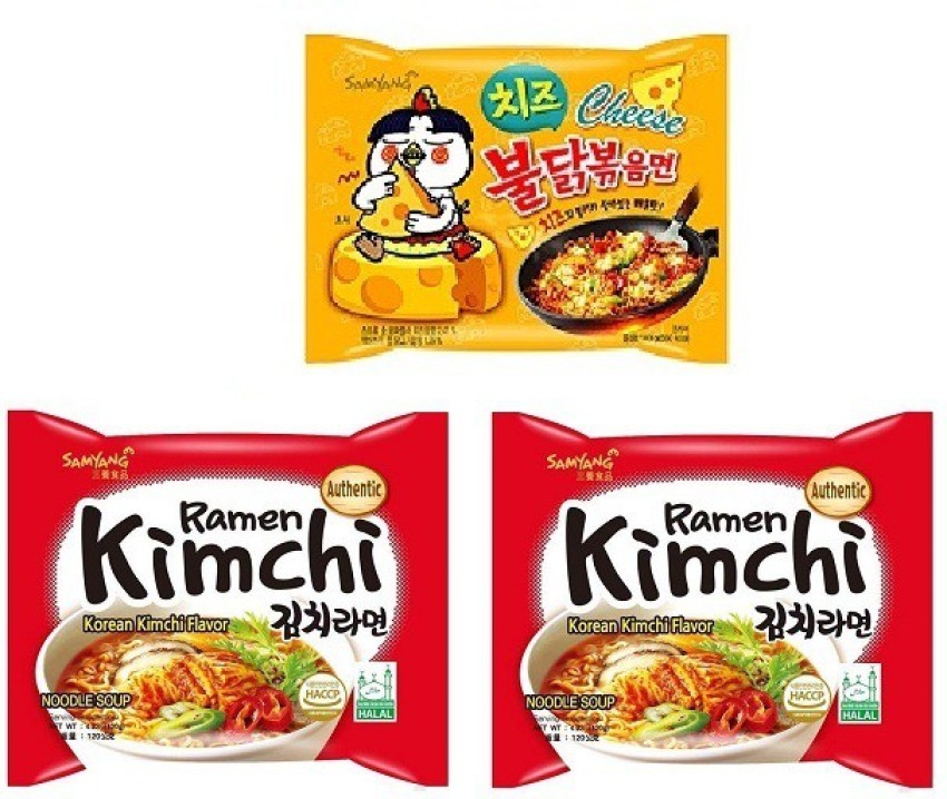 Samyang Buldak Ramen Kimchi Hot Chicken Flavour Ramen Instant Korean  Noodles - 135gm*2Pack & Hot Chicken Buldak cheese Flavour Noodles PK1 140Gm  (Pack of 3) 410Gm (Imported) Non-Vegetarian Instant Noodles Non-vegetarian  Price