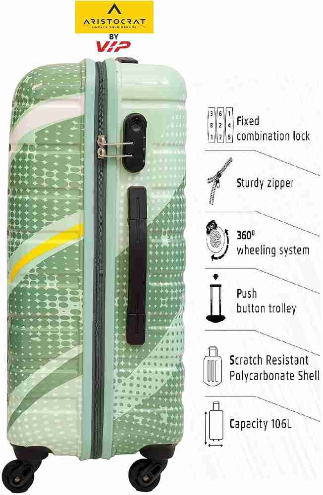 VIP Aristocrat Hardsided Polycarbonate Unbreakable 360 Rotation New Printed Small Medium Large 56cm 67cm 78cm Green Cabin Check in Set 4 Wheels 28 inch Green Price in India Flipkart
