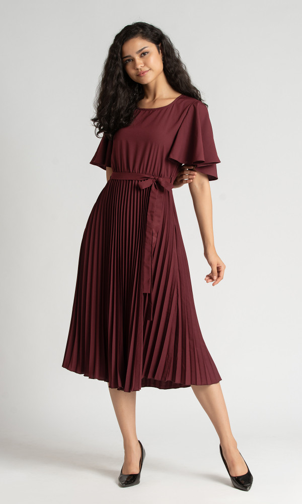 Maroon pleated dress sale