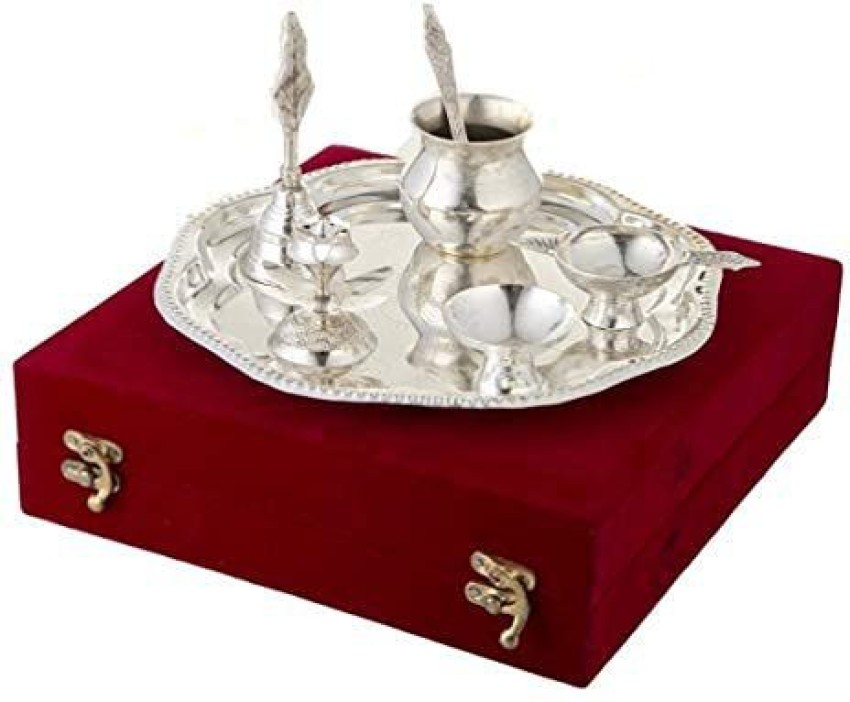 PHAGQU Traditional Handcrafted Brass Silver Puja Thali Aarti Bartan Plate  Set of 8 Brass Price in India - Buy PHAGQU Traditional Handcrafted Brass  Silver Puja Thali Aarti Bartan Plate Set of 8