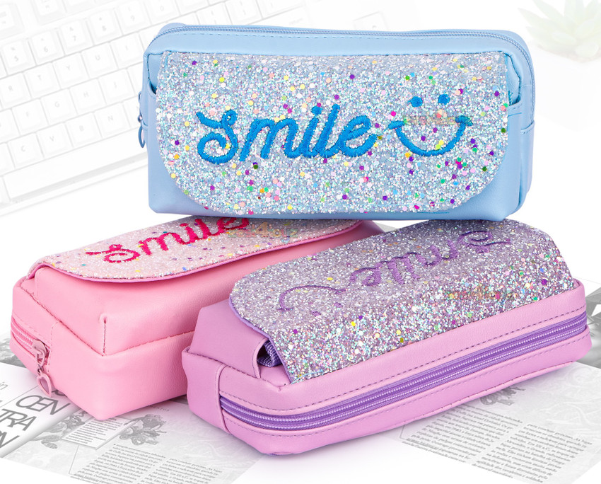 Flipkart Zest 4 Toyz Pencil Case Pouch Designer Shimmery Glitter Pencil Box Cute Pencil Case Large Capacity Hardtop EVA Organizer for Girls Kids Pack of 1 Purple Smiley Art EVA Pencil