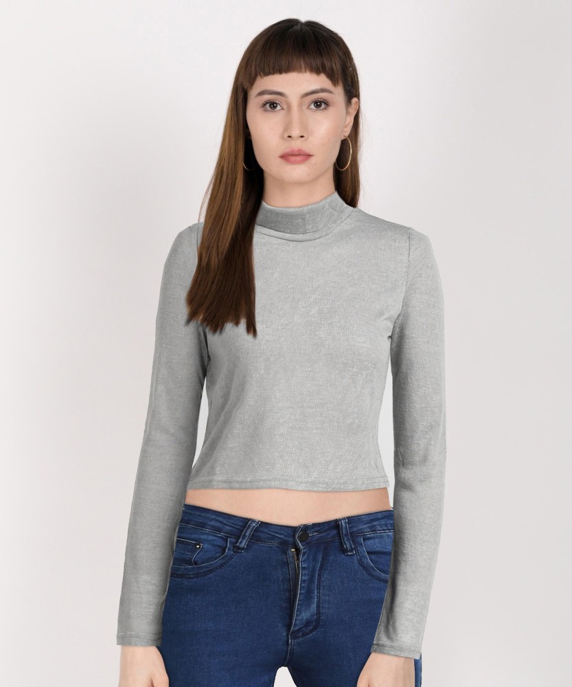 Urbanic Solid Women High Neck Grey T Shirt