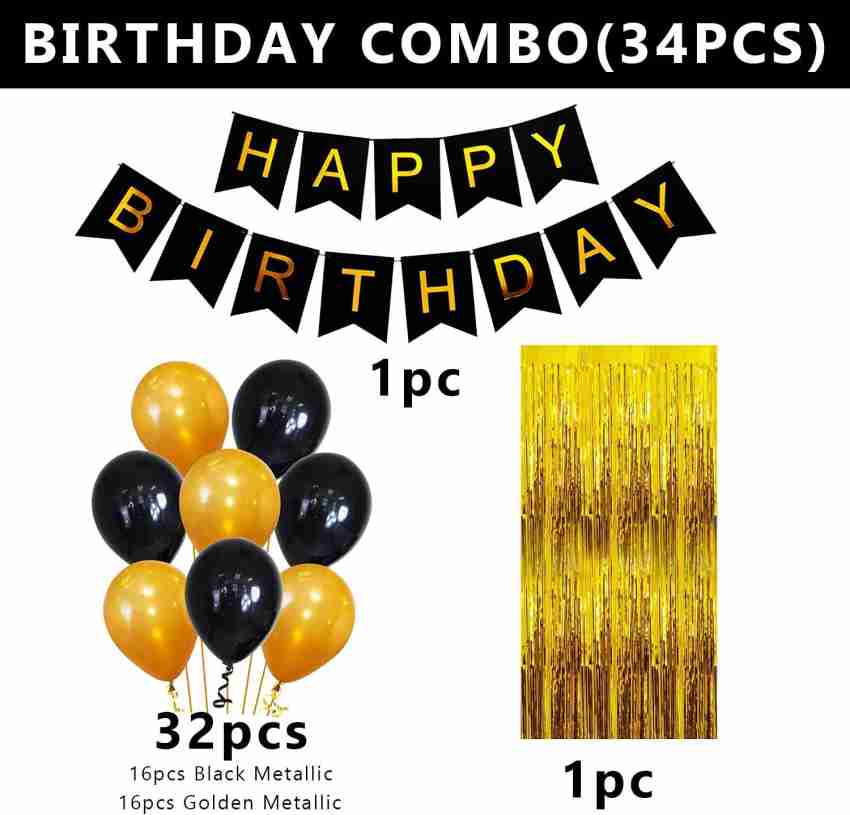 PARTY MIDLINKERZ Happy Birthday Balloons Decoration Kit 33 Pcs, 1 set of Happy  Birthday banner and 30Pcs Golden and Black Metallic Balloons Set with 2Pcs  of Golden Foil Curtain for Husband Kids