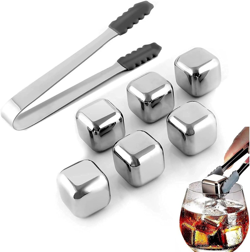 6 Piece Whiskey Ice Cubes Set with Silicone Head Tongs and Ice Cube Trays  Stainless Steel Ice Cubes Reusable