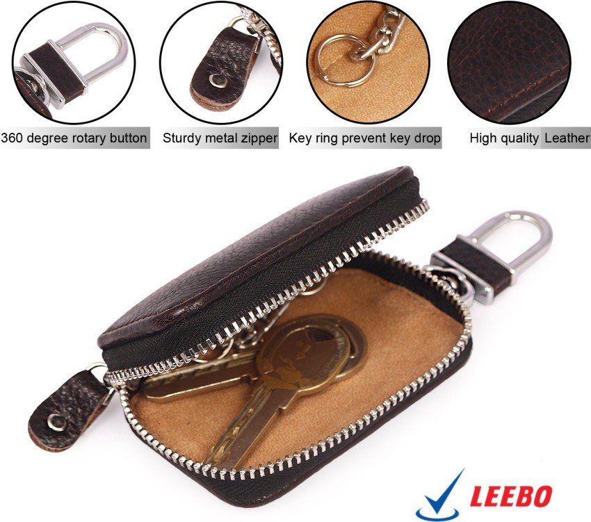 leebo Genuine Pure Leather Car Key Cover Smart Key Case Metal Hook