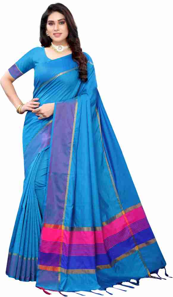 Buy VJ FASHION Solid Plain Bollywood Cotton Silk Dark Blue Sarees