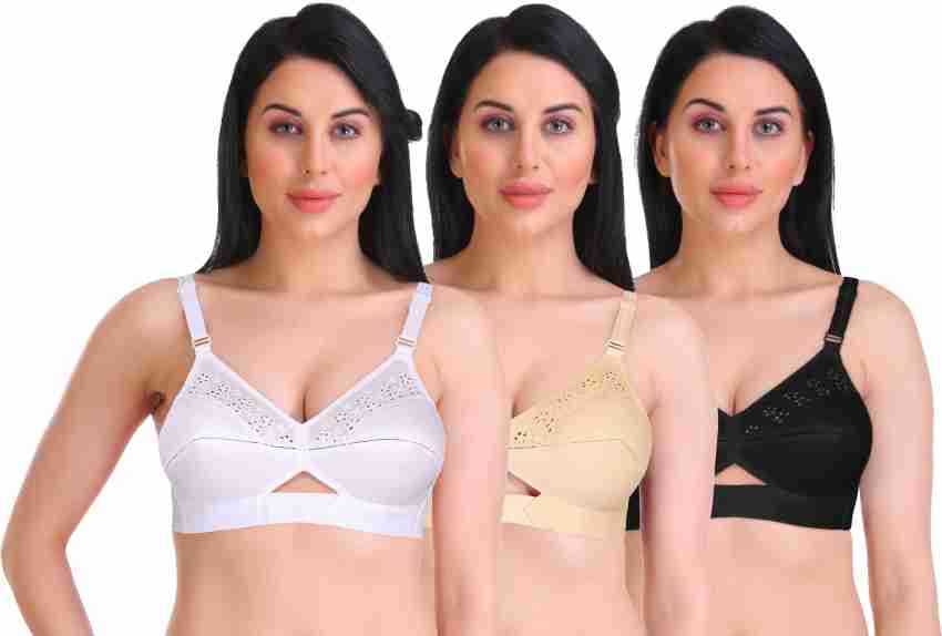 Buy Featherline Pure Cotton Perfect Fitted Embroidered Non Padded Non Wired  Full Coverage Regular Women's Everyday Bras (Elastic Straps) (Black, 30B)  at