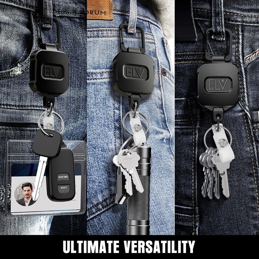ELV Retractable ID Badge Holder: Heavy Duty Metal Retractable Keychain  Badge Reel with Carabiner Belt Clip - 31” Strong Cord