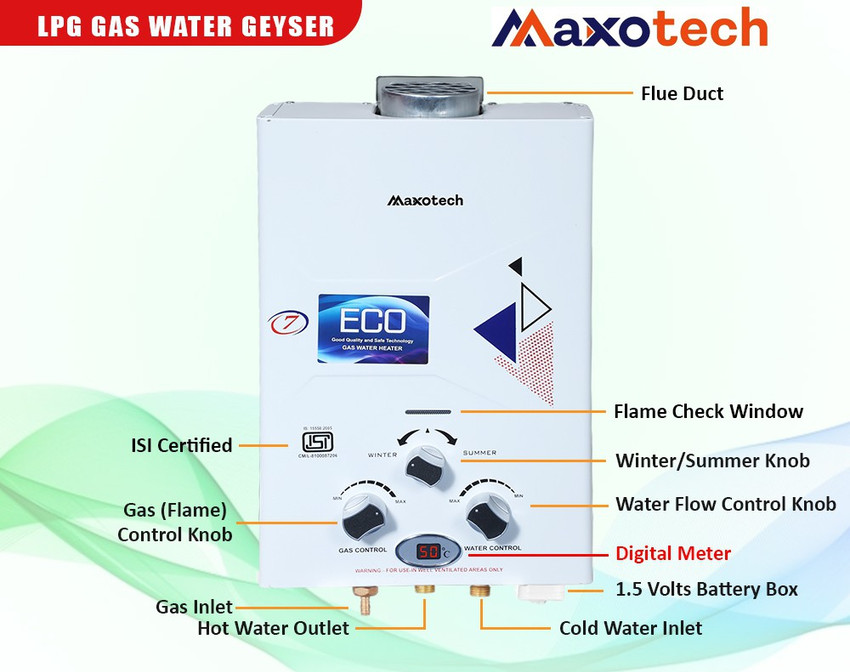 Maxotech 7 L Gas Water Geyser (Raze Eco Smart LPG Gas geyser with Digital  Temperature Meter, White) Price in India - Buy Maxotech 7 L Gas Water Geyser  (Raze Eco Smart LPG