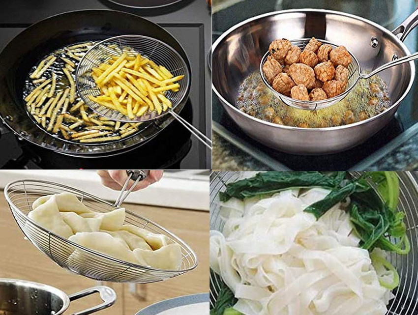 GreenFeather Heavy Duty Professional Stainless Steel Deep Fry Strainer Jhara Channi Wire Skimmer with Spiral Mesh with Professional Grade Handle for perfect oil extraction for Pasta Chips French Fries...
