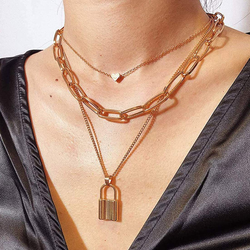 Lock charm layered shop necklace