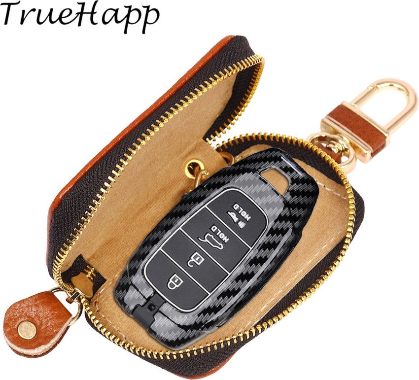 TrueHapp Genuine Pure Leather Car Key Cover Smart Key Case Metal Hook (Push  Button Start Models Only) For Car Remote Key Fob (HEART_TAN) Key Chain