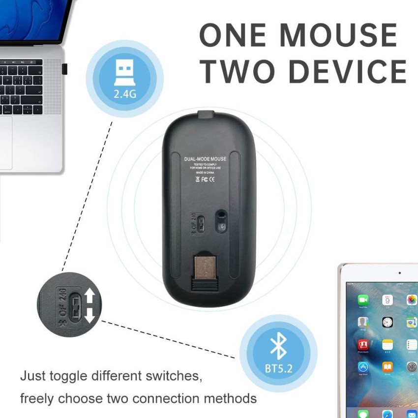 HOTLIFE LED Wireless Mouse, Slim Rechargeable Silent Portable USB Optical  2.4G Wireless Bluetooth Two Mode Computer Mice with USB Receiver and Type C