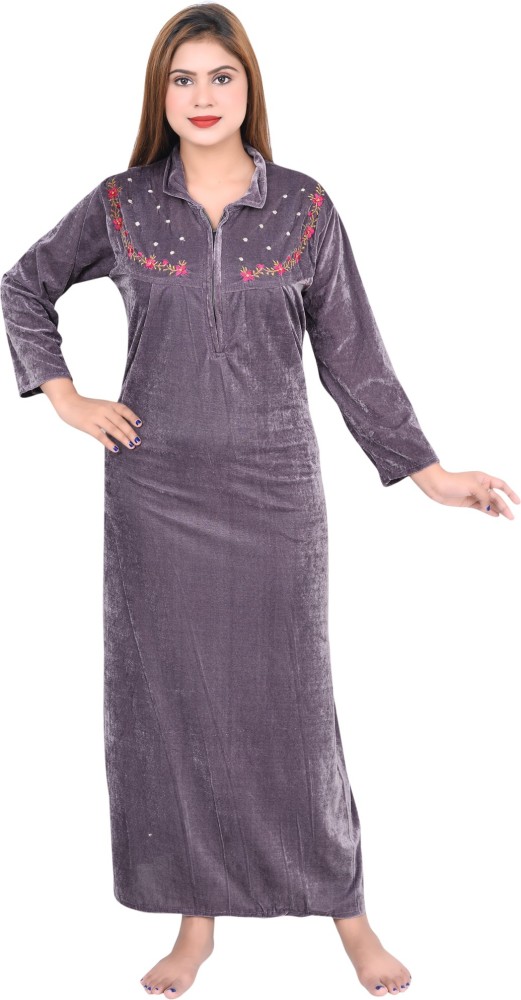 Buy Velvet By Night Purple Cotton Full Sleeves Printed Full Nighty