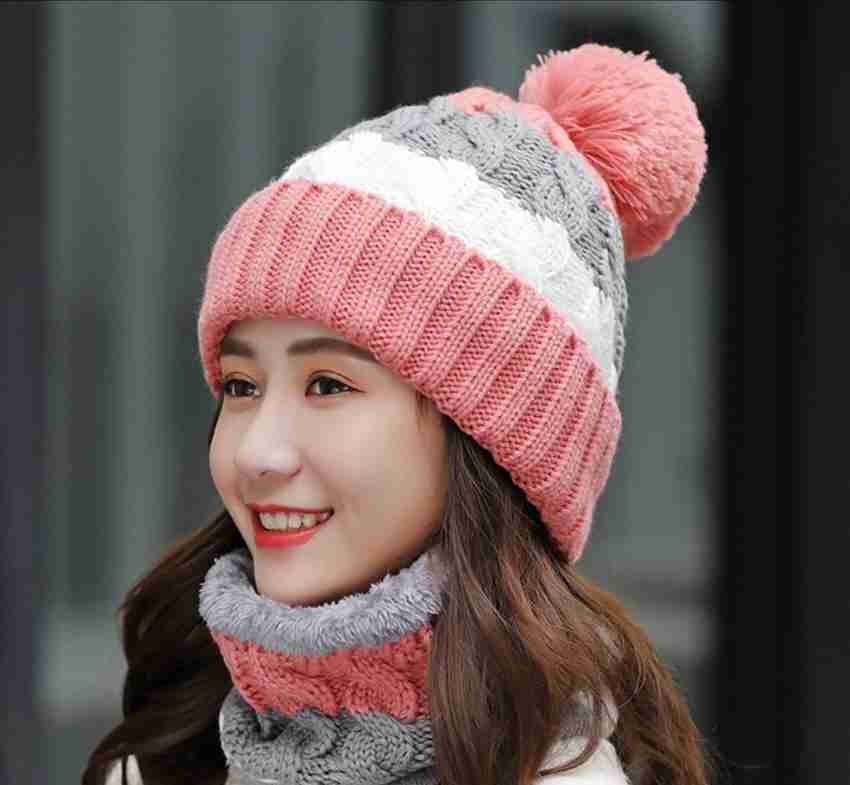 REFFER women Winter Woolen Beanie Cap with Scarf Set Beanie Cap