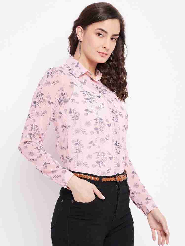 Buy PURYS Women Beige & Pink Semi Transparent Floral Printed Shirt