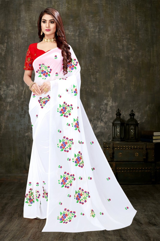 Buy MADHURAM FASHION Embroidered Bollywood Cotton Silk White Sarees Online  @ Best Price In India