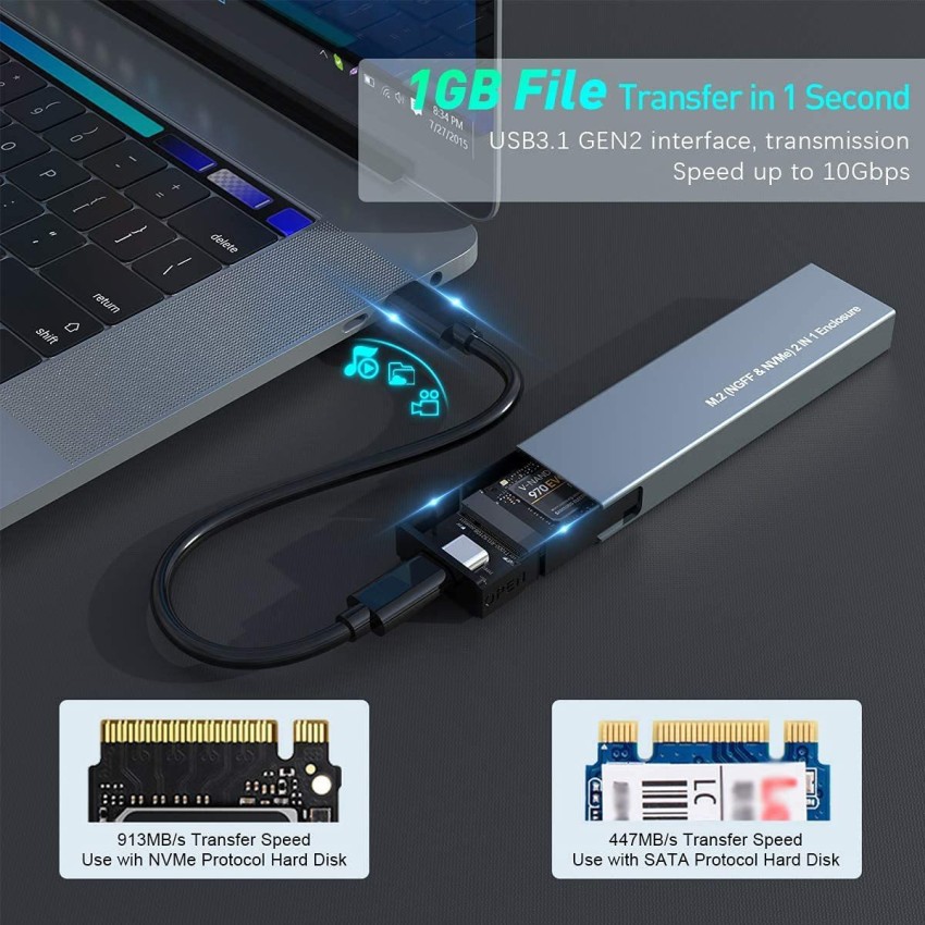 Dual Protocol M.2 SSD Enclosure,M.2 NVMe to USB 3.1 Gen2 10Gbps Adapter,  Tool Free Aluminum M.2 Reader Case Bag with Heatsink