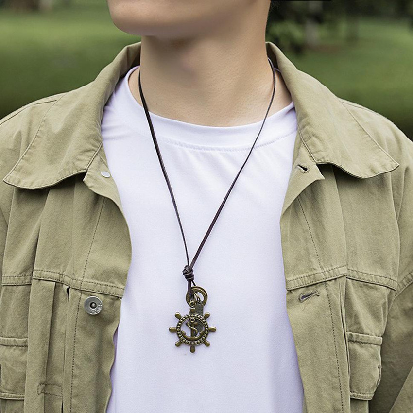 M Men Style Rudder And Anchor Pendant Leather Necklace Leather