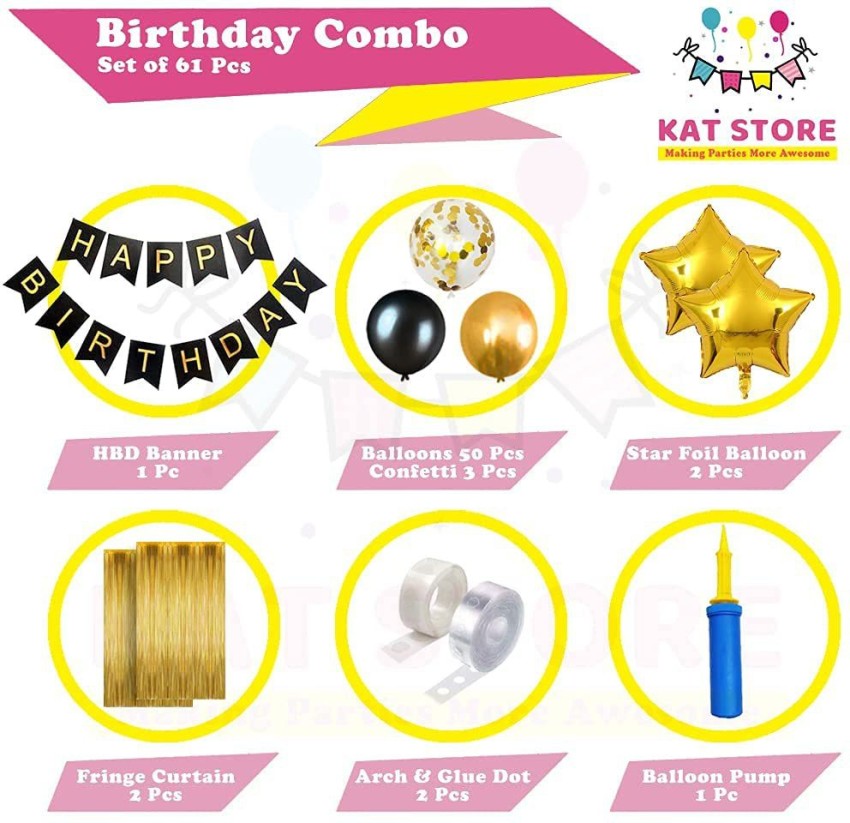 Lazer Happy Birthday Decoration Kit Combo - 61pcs Birthday Banner Golden  Foil Curtain Metallic Confetti Balloons With Hand Balloon Pumo And Glue Dot  for Boys Girls Wife Adult Husband Mom Dad/Happy Birthday