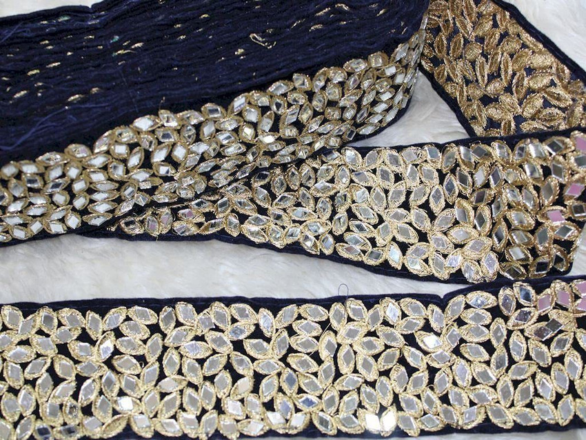 CMHOWLITE Navy Blue Embellished Mirror Work Embroidered Border for