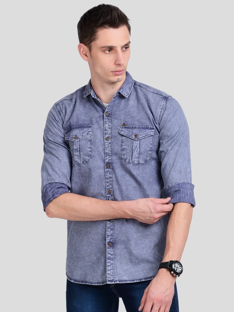 K-Lara Men Washed Casual Blue Shirt - Buy K-Lara Men Washed Casual