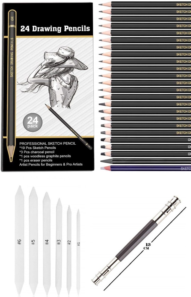 Definite Artline 6pc Sketch Pencil, 6pc Blending Stumps, 1 X  White Pen & Kneadable Eraser - Drawing Accessories - Art Set