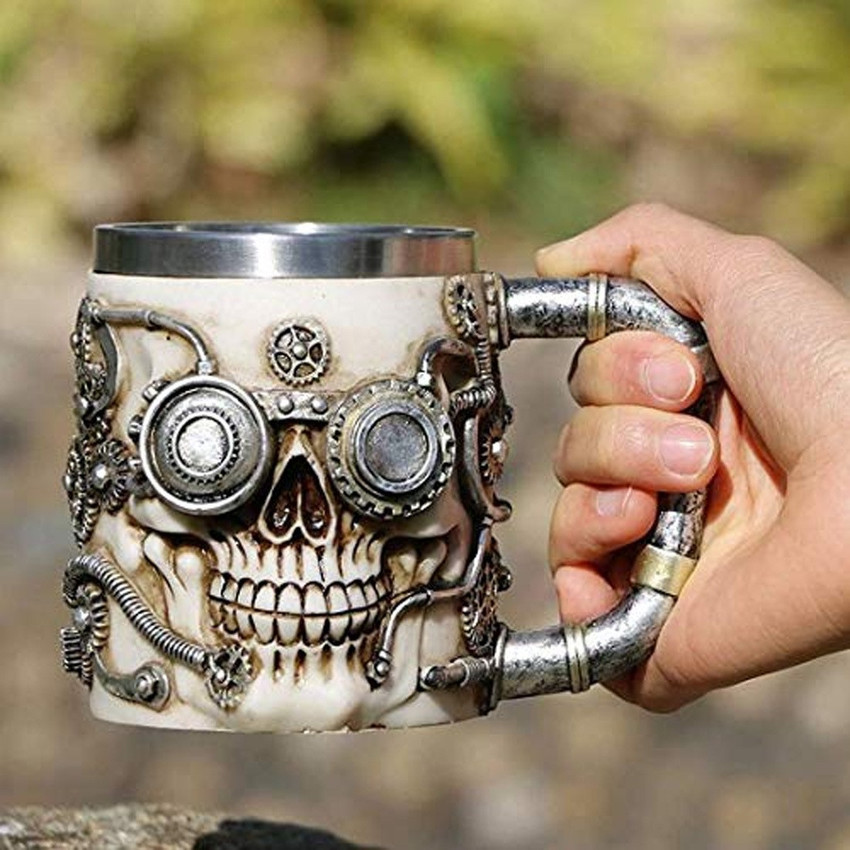 Stainless Steel Double Handle Horn Skull Beer Cup