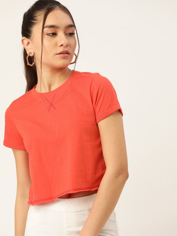 Dressberry Solid Women Round Neck Orange T-Shirt - Buy Dressberry