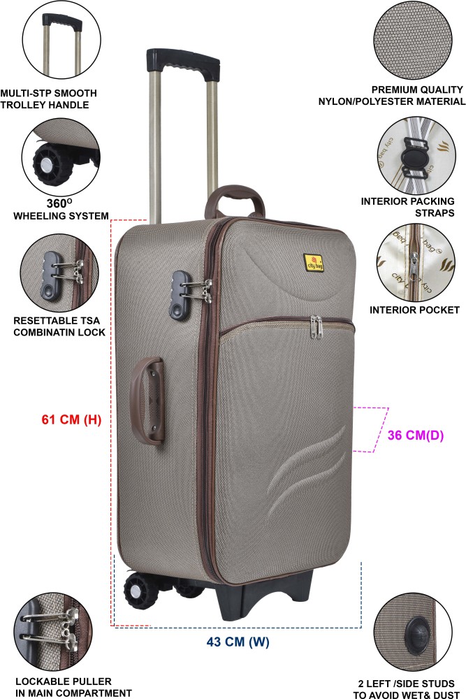 CITY BAG Medium Cabin Luggage bag(61cm)Travel bag Trolley bag Two Wheel And  Number Lock Expandable Cabin & Check-in Set - 24 inch BROWN - Price in  India