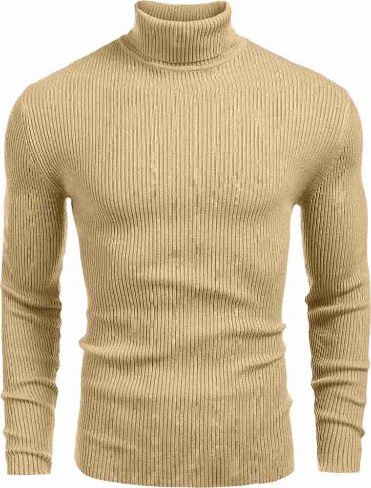 Denimholic Striped Turtle Neck Casual Men Gold Sweater