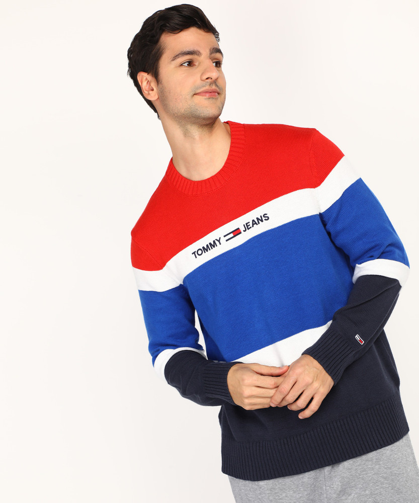 TOMMY HILFIGER Colorblock Round Neck Casual Men Blue Sweater Buy TOMMY HILFIGER Colorblock Round Neck Casual Men Blue Sweater Online at Best Prices in India Flipkart