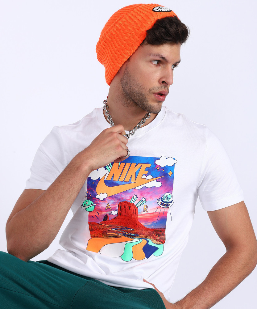 men's white and orange graphic tee