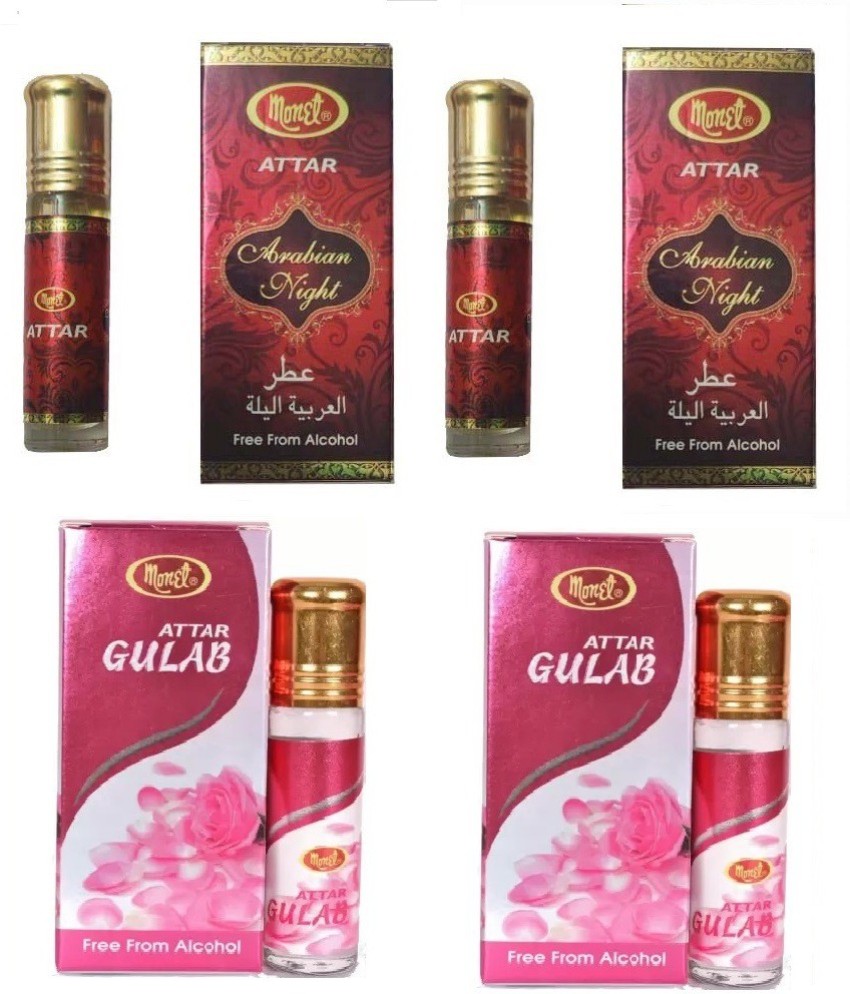 MONET 2 arabian night attar 2 gulab attar.8 ml each pack of 4