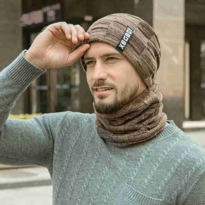 Highever Unisex Latest Winter Woolen Beanie Scarf Set Fur Inside Winter Caps For Men Beanie Cap