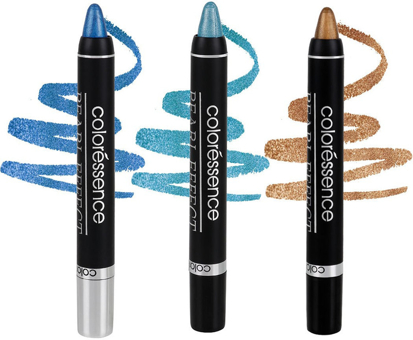 COLORESSENCE Eyeshadow Pencil Pearl Effect Waterproof Long Lasting Shimmer Eye Shadow Eyeliner Crayon Retractable Stick Combo Set Pack of 3 Antique Gold Dark Blue Turquoise 6.75 g Price in