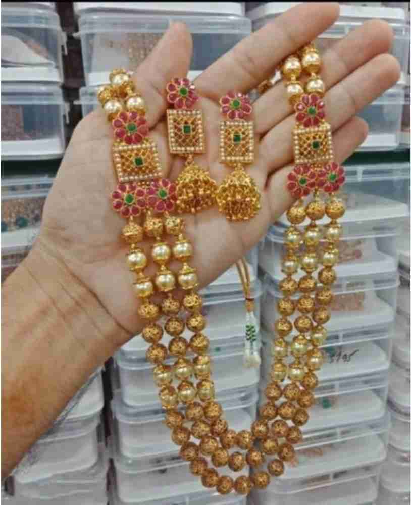 Brass Golden Rajwadi Long Chain Necklace Set