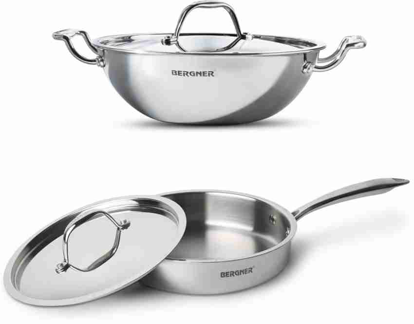 Bergner Stainless Steel Triply Deep Fry Pan Wok Kadhai With Lid 3.8 L 24 cm