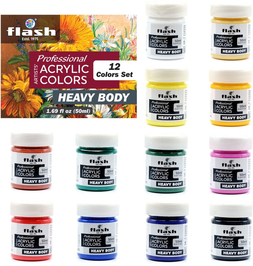  FLASH Heavy Body Acrylic Paint Set, 12 Colors, 50 ml, 1.7  fl oz Each, High Pigment Strength, Non Fading, Indoor/Outdoor, Multi-Surface Paint