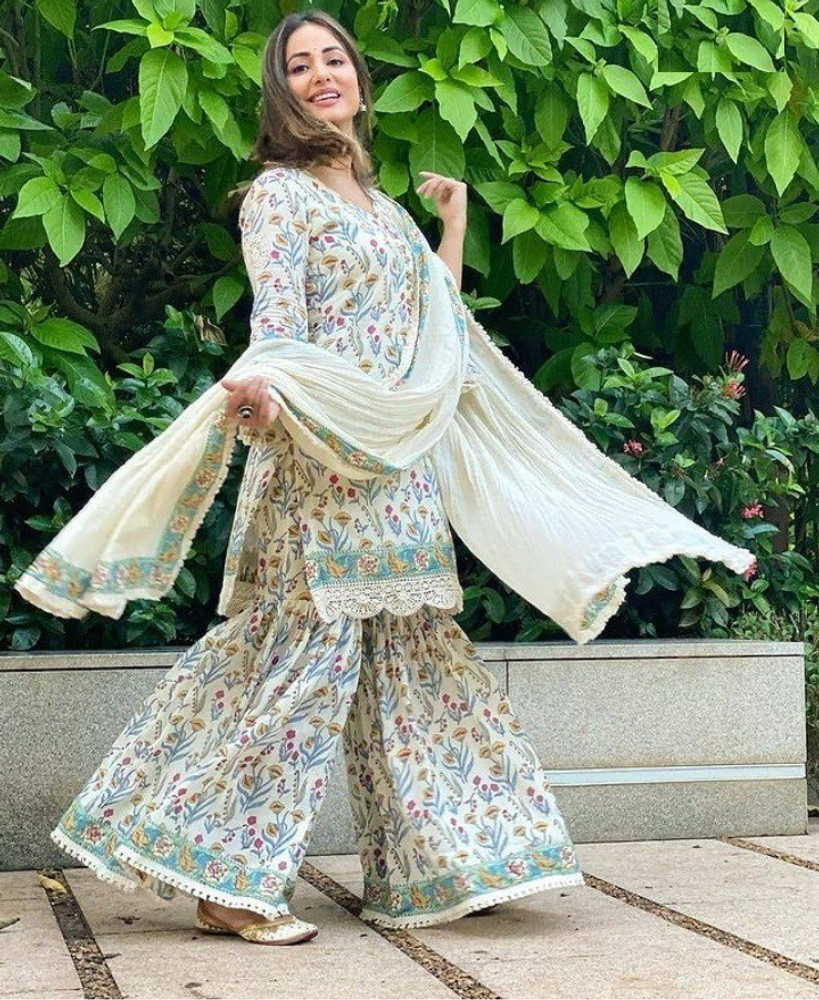 aesthetic Floral Print Kurta Sharara Dupatta Set Buy