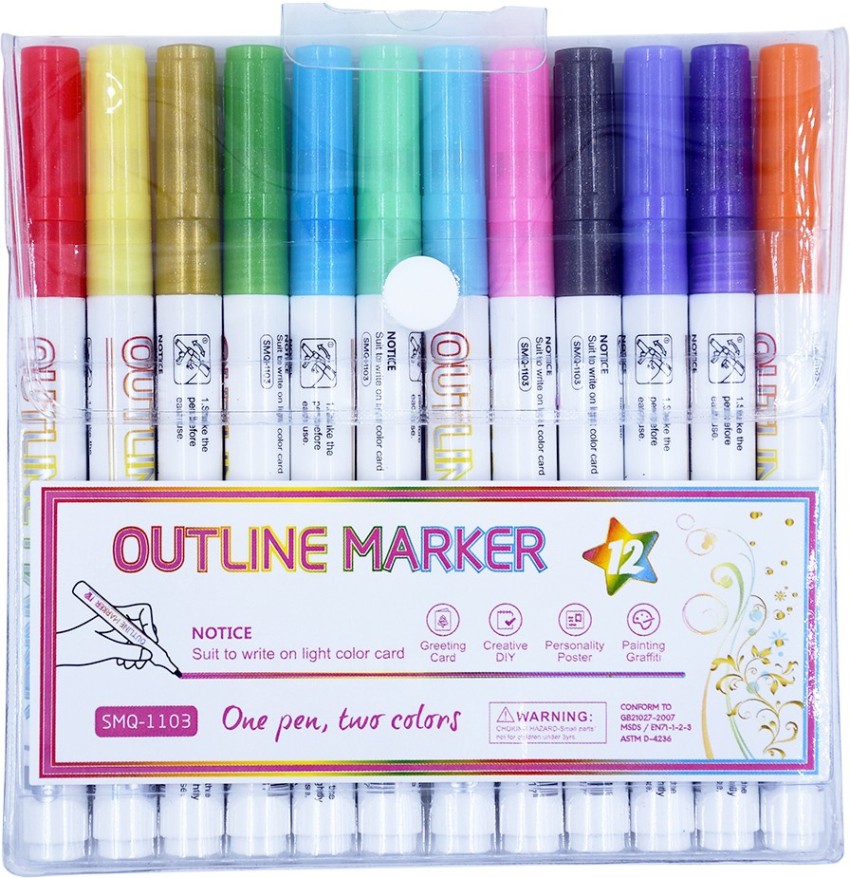 12 Pcs Doodle Dazzles Shimmer Marker Set, Double Line Outline Pen Metallic