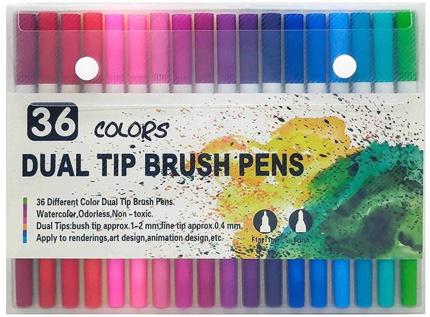 36 Colors Dual Tip Brush Pens Highlighter Art Markers 0.4mm Fine