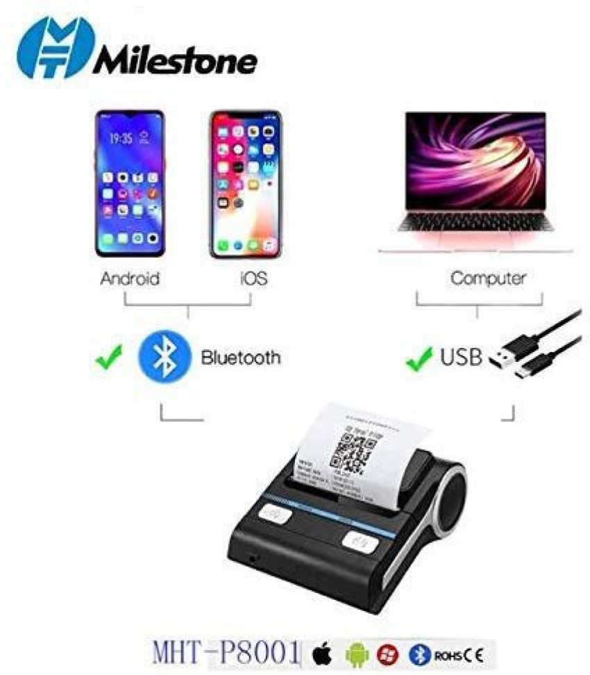 Bluetooth POS Receipt Printer Milestone 3'1/8 80mm Wireless Thermal Printer Esc/pos Print Commands Set for Office and Small Business Compatible