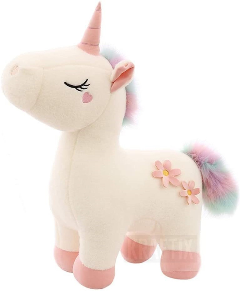 Kraftix White Standing Unicorn with Rainbow Hair Stuffed Plush Soft Toy Doll Teddy Bear Animal For Girls Boys Kids Baby Car Birthday Home Decoration Cute Lovely Premium Quality KST251338 38