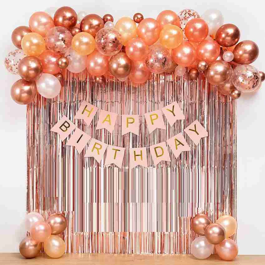 R G ACCESORIES Rose Gold Theme Birthday Party Decorations - 36 Pcs Combo -  Foil Curtains, Pink Banner, Rose Gold Metallic Balloons, White, Orange &  Confetti Balloons - Rose Gold Theme Price