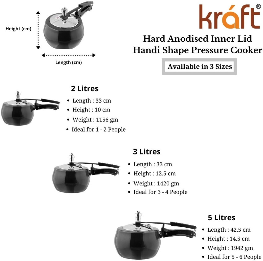 Kraft Magic Hard Anodised Handi Shape Pressure Cooker - 3.5 Litres |  Mutlipurpose Lids Strainer and Glass lid | Induction and Gas Friendly | 2  Years