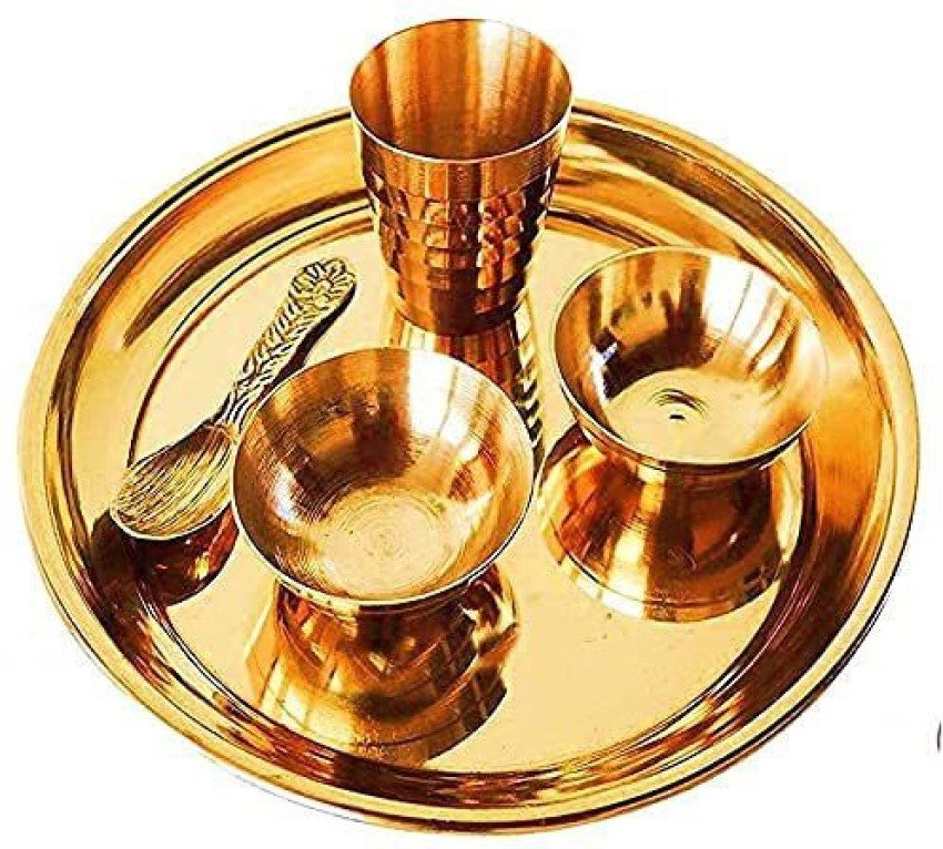 Brass Pooja Thali Set (10 inch, Gold) for Pooja/NAVRATARI (Set of 8)