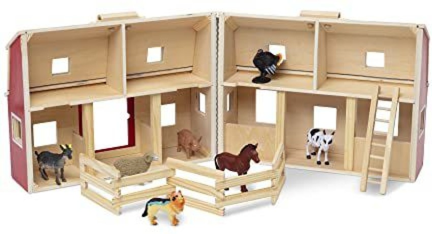 Melissa & doug fold and go wooden barn clearance with 7 animal play figures